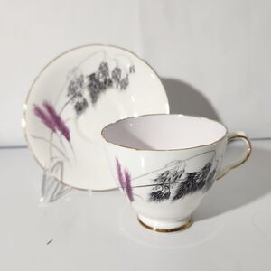 Vintage Old Royal Bone China Teacup Saucer 9649 Pink Black Grass Gold Rim MCM
